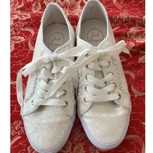 Jack Rogers Womens Size 8.5M Sneakers Carter Textile White Glitter Lace Up Shoes