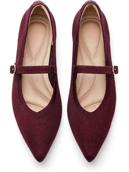 Women Wine Red Knit Flats Pointed Tip Casual Ballet Flat Shoes with Ankle Strap
