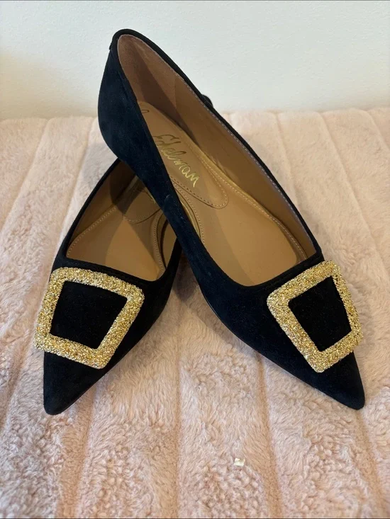 Sam Edelman Black Suede Pointed Toe Flats with Gold Buckle Detail