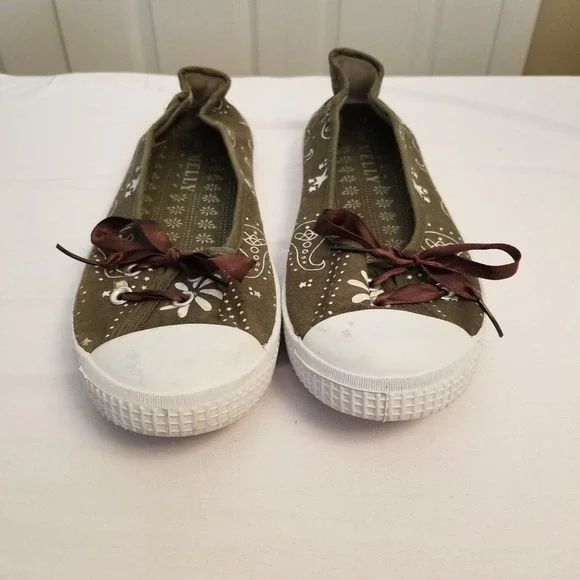 Melly Women Brown Canvas Paisley Floral Slip On Flats Ribbon Bow Size 8