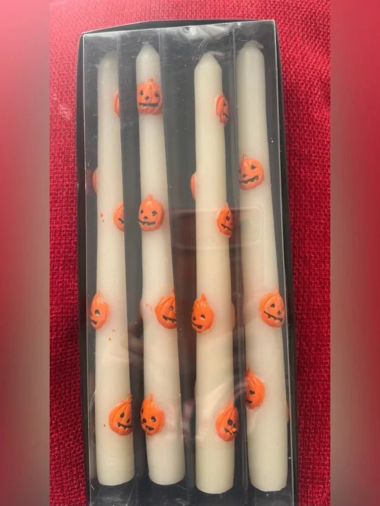 NWT set 4  Halloween Pumpkin Taper Candles with Orange Pumpkin size 9 1/2 in