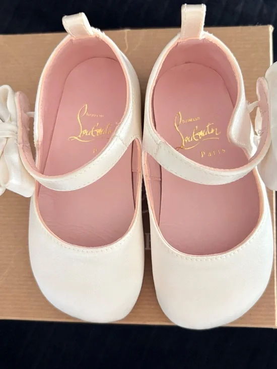 Christian Louboutin Cream Kids Mary Jane Shoes with Pink Interior and Bow