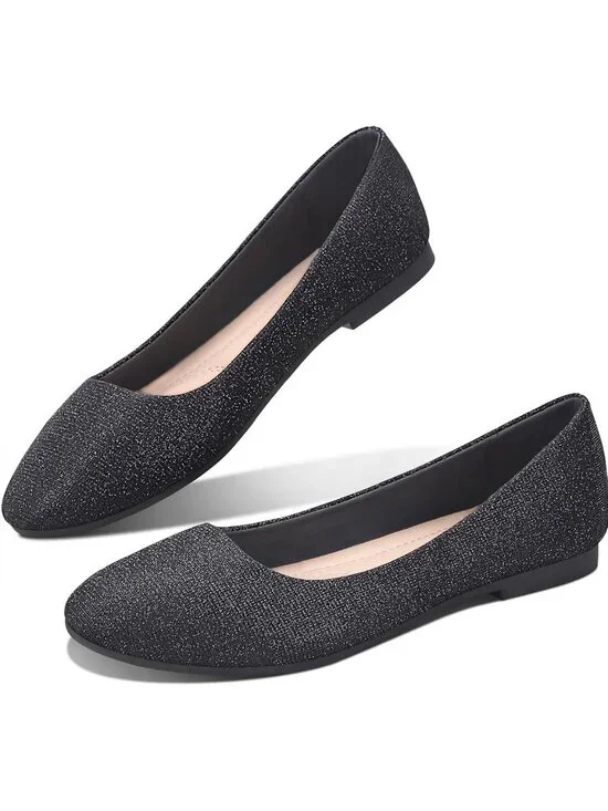 Women's Bright Black Textile Round Toe Flat Shoes Slip on Dress Comfortable
