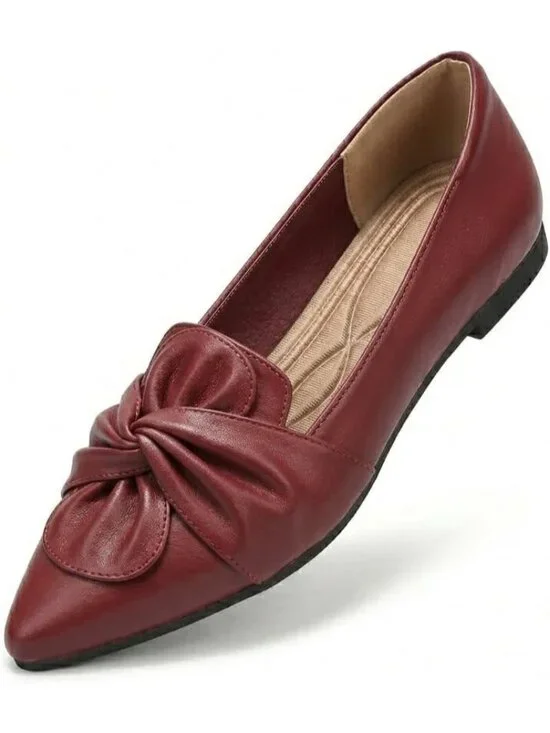 Women's Red Soft PU Leather Pointed Toe Ballet Flat Non-Slip Rubber Sole Shoes