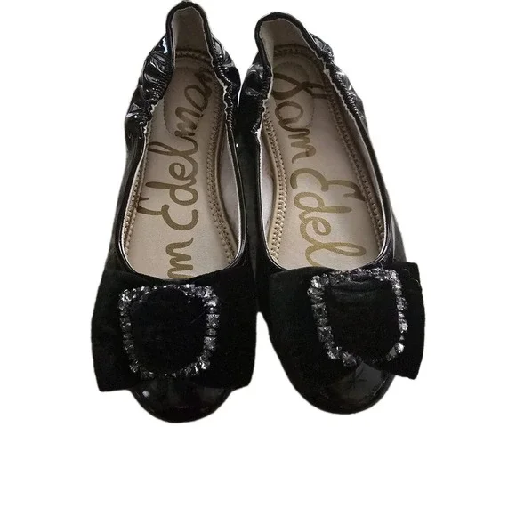 Sam Edelman Farah Girls Black‎ Patent Ballet Flats Jeweled Velvet Buckle US 4M