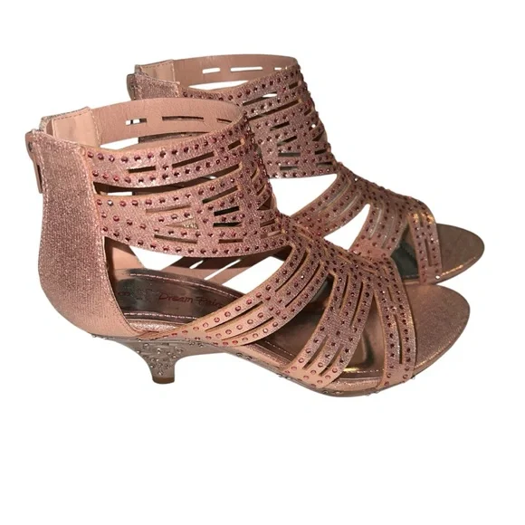 Girls Dress Shoes Low Heel Rhinestone Dance Wedding Pink Rose Gold Size 6 Girls