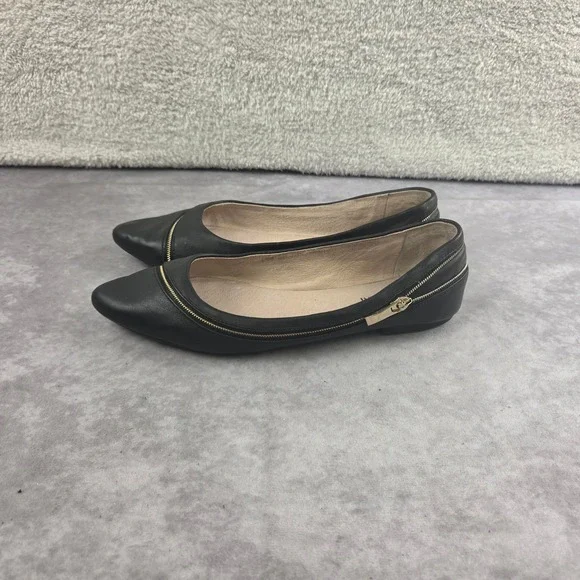 Gianni Bini Womens Black Leather Pointed Toe Zipper Trim Ballet Flats Size 7.5M