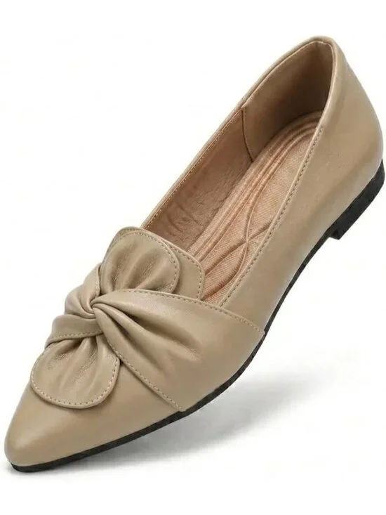 Women's Nude Soft PU Leather Pointed Toe Ballet Flat Non-Slip Rubber Sole Shoes