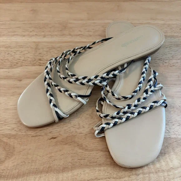Larroudé Ibiza flat mules in multi-neutral leather 6.5 Tan Black‎ Brown Braided
