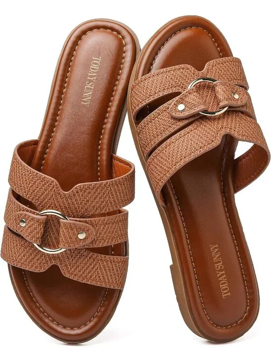 Women's Dark Brown Leather Summer Comfortable Open Toe Slip On Beach Flat Sandal
