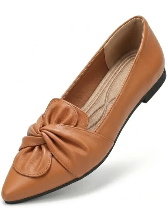 Women's Brown Soft PU Leather Pointed Toe Ballet Flat Non-Slip Rubber Sole Shoes