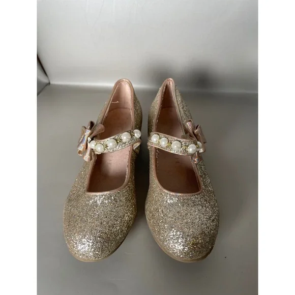 Kelly & Katie Gisele Gold Glitter Pearl Bow Mary Jane Block Heels Kids Size 12M