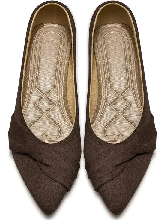 Women's Coffee Rubber Suede Elegant Bow Knot Pointed Toe Flat Comfortable Shoes