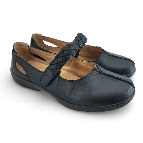 Hotter Shake Black Leather Mary‎ Jane Comfort Flats Womens 7 Braided Strap