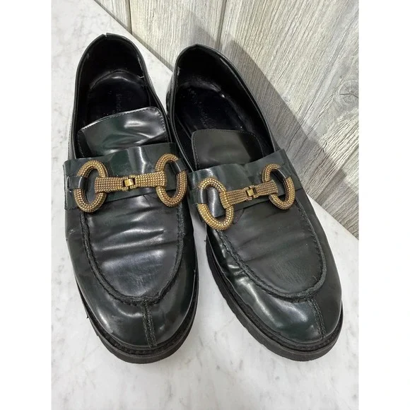 Michele Lopriore Milano Green Leather Horsebit Loafers Gold Buckle Made in Italy
