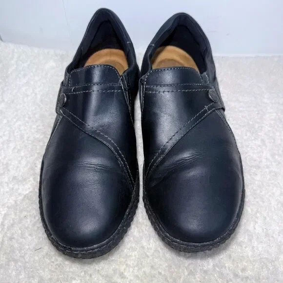 Clarks Leather Shoes Women's 11 Black Caroline Pearl Pull On Loafers Cushioned