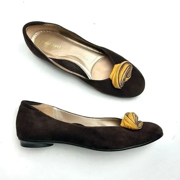 BeautiFeel Chocolate Brown Suede Flats Shoes  Mustard Rosettes size 38 US 7-7,5