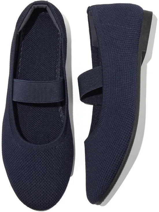 Women's Navy Knit Round Toe Ballet Flat Elastic Strap Slip On Comfortable Shoes