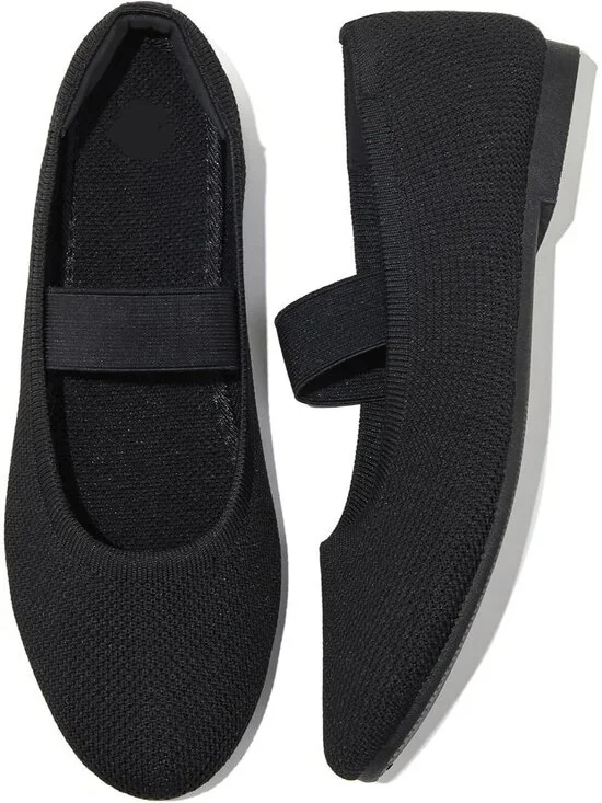 Women's Black Knit Round Toe Ballet Flat Elastic Strap Slip On Comfortable Shoes