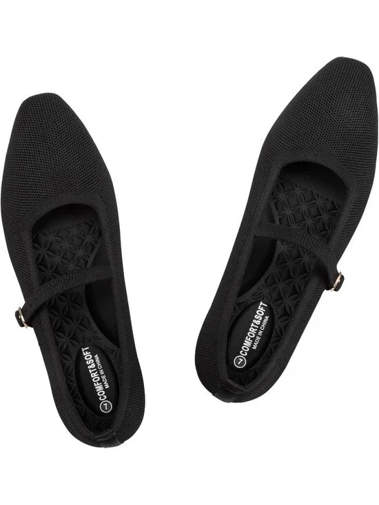 Women's Black Rubber Knit Square Toe Ballet Flats With Strap Comfortable Shoes