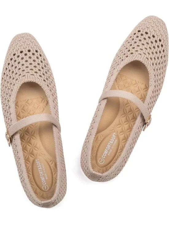 Women's Beige Rubber Knit Square Toe Ballet Flats With Strap Comfortable Shoes