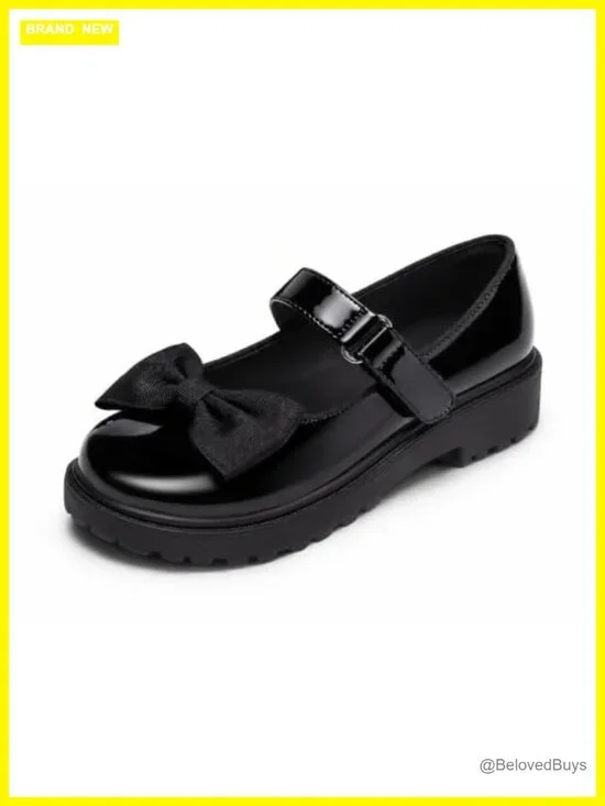 Girls Mary Jane Dress Shoes Bow Closed Toe Chunky Heel Flats Loafers Uniform