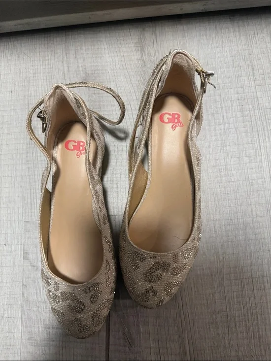 GB Girls Glittery Champagne Leopard Print Ankle-Strap Flats