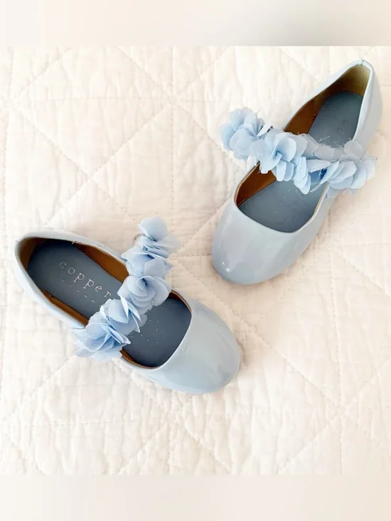 Copper Key Kids Baby Blue Patent Mary Jane Flats with Floral Strap Toddler 9