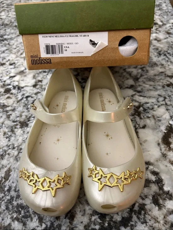 Mini Melissa Pearl White Mary Jane with Gold Star Trim