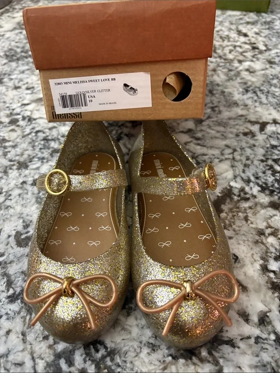 Melissa Kids Gold Glitter Mary Janes with Metallic Bow