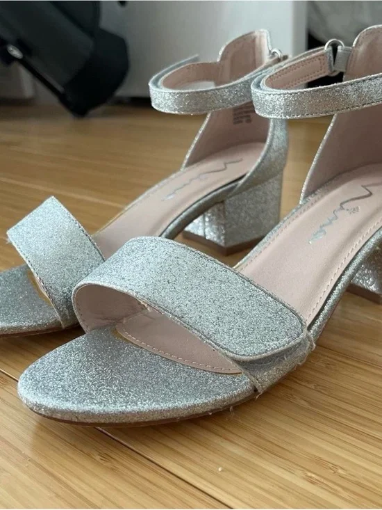 Silver Glitter Block Heel Sandals with Ankle Strap