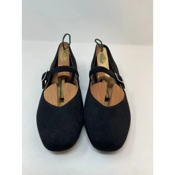 Cynthia‎ Rowley Suede Mary Jane Flats Women's Black Buckle Strap Almond Toe