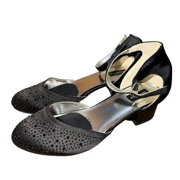 Sparkle & Tux Girls Womens Dress Shoes Black Satin Block Heel Ankle Strap Size 5