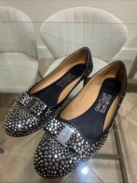 Salvatore Ferragamo Black Studded Vara Bow Flats