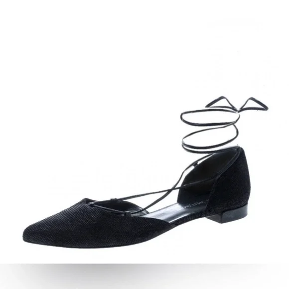 STUART WEITZMAN Black Suede Flat Pointed Toe Lace Up‎ Ballet Women's 8.5