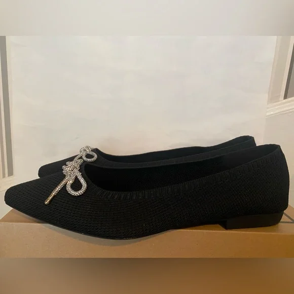 MIA Jazlyn 10M Black Pointed Toe Ballet Flat Silver Crystal Bow tie Detail Shoes