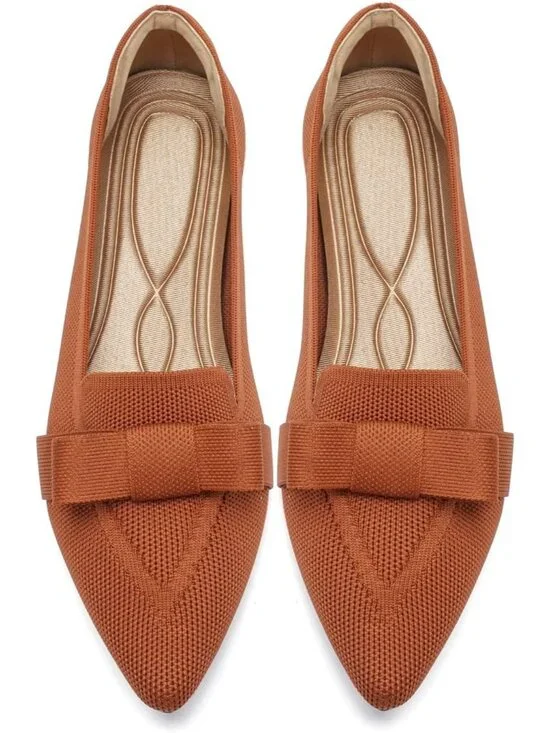 Women's Brown Rubber Soft Knit Breathable Pointed Toe Ballet Flats Casual Shoes