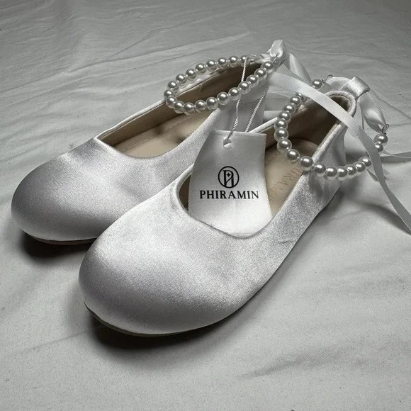 Girls White Dress Shoes Size 10 Pearl Strap‎ Ballet Flats Wedding Shoes New