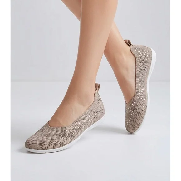 Bernie Mev Euro 37 US 6 Slip On Flats Women 37 Tan Rhinestone‎ Knit Memory Foam