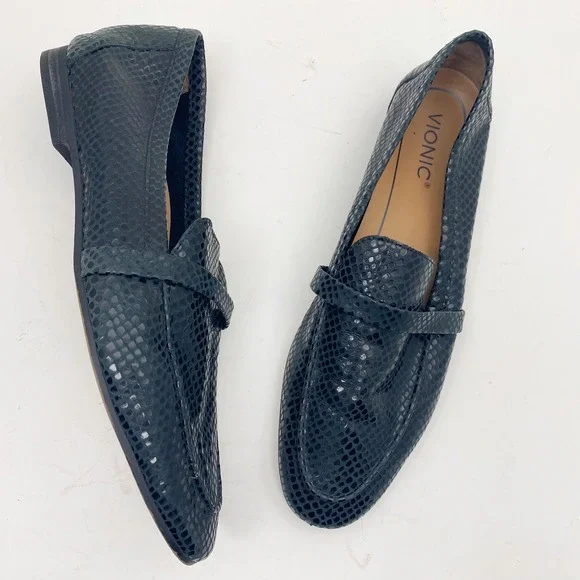 Vionic Zana Lizard Embossed Leather Loafer Flat Womens 10 Dark Black