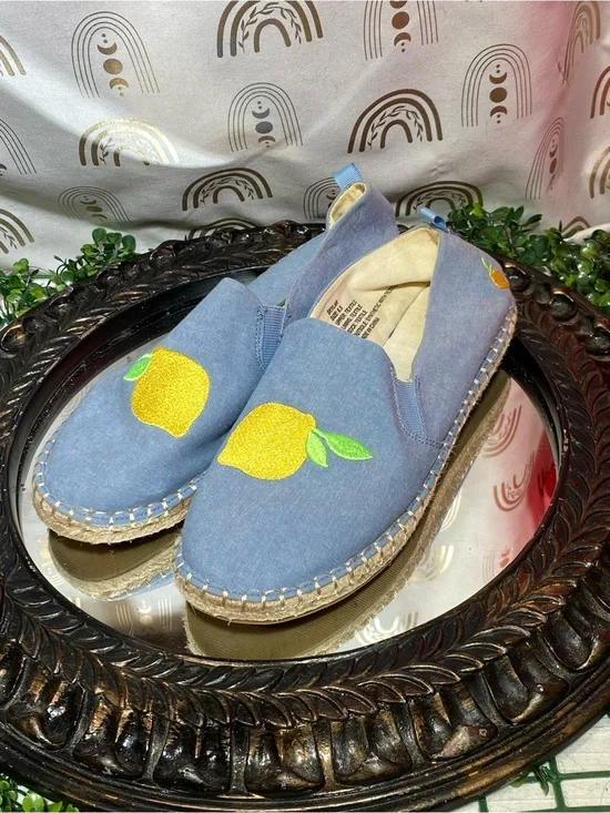 Blue Slip-On Espadrilles with Lemon Embroidery - Women Flats & Loafers