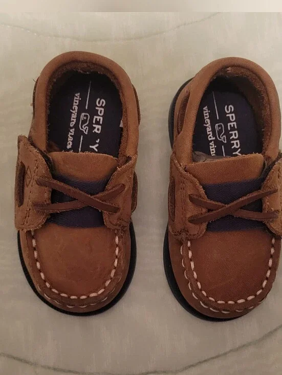 Sperry+Vineyard Vines Tan/Brown Leather Toddler Boat Shoes