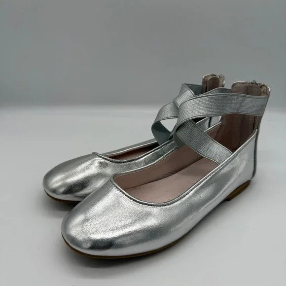 Nina Kids Silver Metallic Ballet Flats Elastic Ankle Straps Size 1M C205737