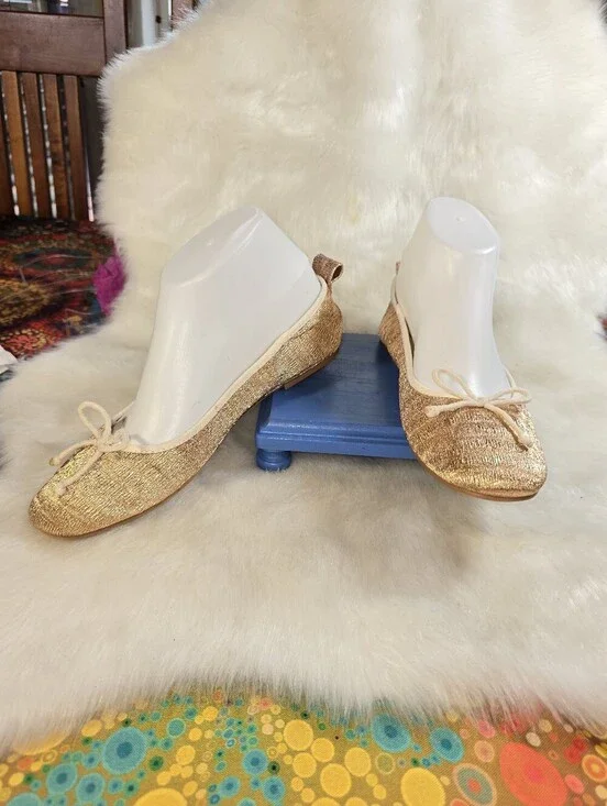 Zara Girls Shimmery Rose Gold Ballet Flats with Bow & Removable Ankle Ribbons