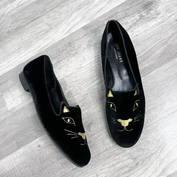 Jon Josef Velvet Gold embroidered Cat loafers Black Made in Spain Womens 9 1/2