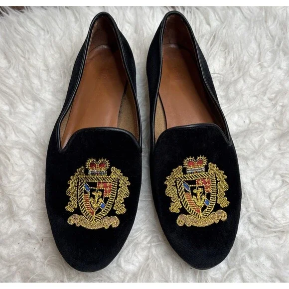Jon Josef Black Velvet Gatsby Shield Emblem Leather Loafers Flats Shoes Size 7.5