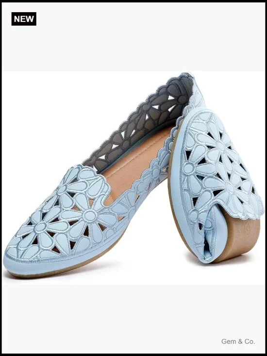 Floral Ballet Flats Slip On PU Leather Round Toe Dress Shoes Women's
