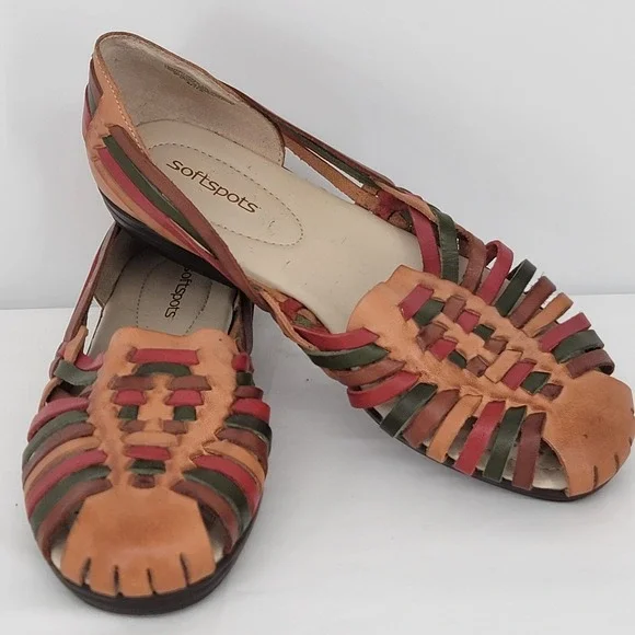 Softspots Womens 12 W Huarache Flats Multi Color Woven Leather Shoes