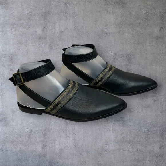 Pilcro Anthropologie Ankle Strap Black Leather Pointed Toe Flats Womens 37‎ US 7