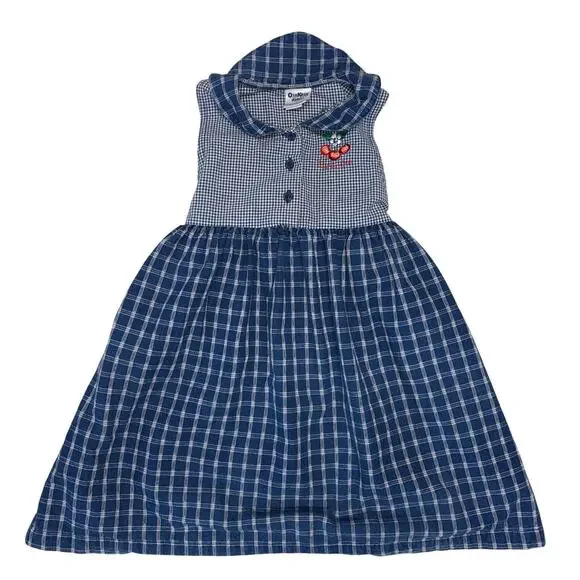 Vintage OshKosh B'Gosh Dress Girls 6X Blue Plaid Gingham Cherry Jumper Made USA